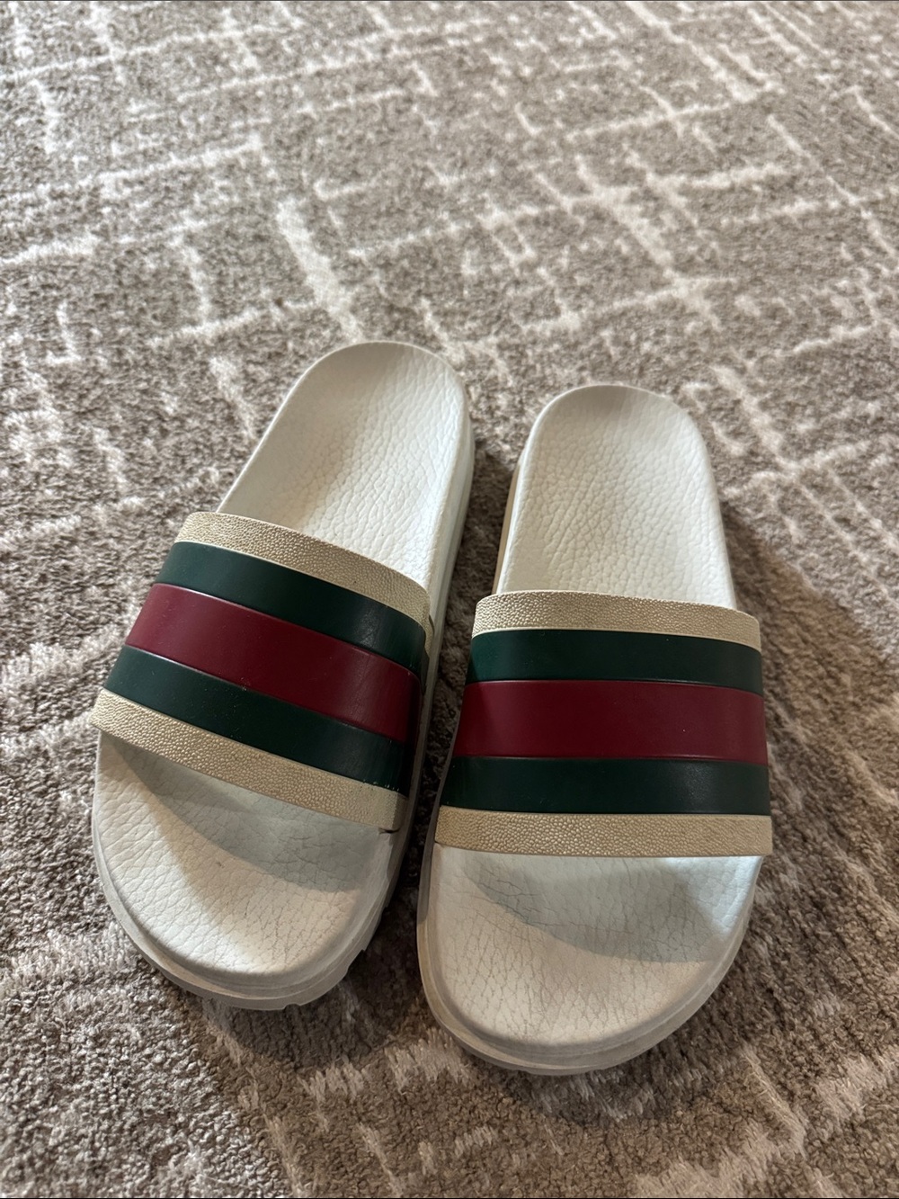 Women’s Gucci White Slide Sandals with Green and Red Stripes